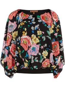 Black Floral Batwing Top - sleeve style: dolman/batwing; predominant colour: black; occasions: casual, evening, holiday; length: standard; style: top; neckline: scoop; fibres: polyester/polyamide - 100%; fit: loose; sleeve length: long sleeve; texture group: sheer fabrics/chiffon/organza etc.; trends: high impact florals; pattern type: fabric; pattern size: big & busy; pattern: florals