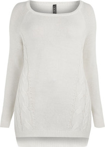 Cream Cable Jumper - neckline: round neck; pattern: plain; length: below the bottom; style: standard; predominant colour: ivory; occasions: casual, work; fibres: acrylic - 100%; fit: standard fit; hip detail: contrast fabric/print detail at hip; back detail: longer hem at back than at front; sleeve length: long sleeve; sleeve style: standard; texture group: knits/crochet; pattern type: knitted - other