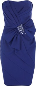 Bandeau Bow Panelled Dress - style: shift; fit: tailored/fitted; pattern: plain; sleeve style: sleeveless; waist detail: embellishment at waist/feature waistband; neckline: sweetheart; bust detail: ruching/gathering/draping/layers/pintuck pleats at bust; predominant colour: royal blue; occasions: evening, occasion; length: just above the knee; fibres: viscose/rayon - stretch; sleeve length: sleeveless; pattern type: fabric; texture group: other - stretchy; embellishment: crystals