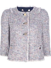 Tweed Blazer Jacket - collar: round collar/collarless; length: cropped; style: boxy; pattern: herringbone/tweed; predominant colour: ivory; secondary colour: navy; occasions: casual, evening; fit: straight cut (boxy); fibres: polyester/polyamide - mix; sleeve length: 3/4 length; sleeve style: standard; collar break: high/illusion of break when open; pattern type: fabric; pattern size: standard; texture group: woven bulky/heavy