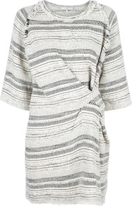 'Kaley' Striped Dress - style: smock; neckline: round neck; sleeve style: raglan; pattern: horizontal stripes; waist detail: twist front waist detail/nipped in at waist on one side/soft pleats/draping/ruching/gathering waist detail; secondary colour: mid grey; predominant colour: light grey; occasions: casual, evening, work; length: just above the knee; fit: straight cut; fibres: cotton - mix; hip detail: soft pleats at hip/draping at hip/flared at hip; sleeve length: 3/4 length; texture group: cotton feel fabrics; pattern type: knitted - other; pattern size: standard