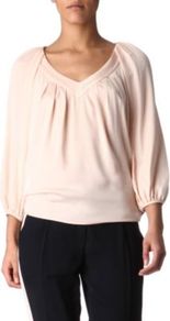 Cahil Top - neckline: low v-neck; pattern: plain; sleeve style: balloon; style: blouse; predominant colour: blush; occasions: work; length: standard; fibres: silk - mix; fit: body skimming; sleeve length: 3/4 length; texture group: sheer fabrics/chiffon/organza etc.; bust detail: tiers/frills/bulky drapes/pleats; pattern type: fabric