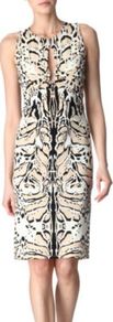 Animal Print Dress - style: shift; fit: tailored/fitted; sleeve style: sleeveless; predominant colour: ivory; secondary colour: nude; length: on the knee; neckline: peep hole neckline; occasions: occasion; sleeve length: sleeveless; trends: statement prints; pattern type: fabric; pattern size: standard; pattern: patterned/print; texture group: jersey - stretchy/drapey; fibres: nylon - stretch