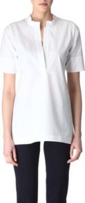 Flared Top - pattern: plain; length: below the bottom; style: tunic; predominant colour: white; occasions: casual, work; neckline: mandarin with v-neck; fibres: cotton - 100%; fit: straight cut; sleeve length: short sleeve; sleeve style: standard; texture group: cotton feel fabrics; pattern type: fabric; pattern size: standard