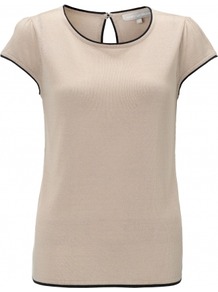 Elisa Jumper - neckline: round neck; sleeve style: capped; pattern: plain; style: standard; secondary colour: navy; predominant colour: stone; occasions: casual, work; length: standard; fit: standard fit; back detail: keyhole/peephole detail at back; sleeve length: short sleeve; texture group: knits/crochet; pattern type: knitted - fine stitch; fibres: viscose/rayon - mix