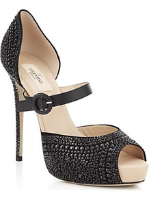 Microstud Mary Jane Pump - predominant colour: black; occasions: evening, occasion, holiday; material: leather; heel height: high; embellishment: jewels; heel: platform; toe: open toe/peeptoe; style: mary janes; finish: plain; pattern: plain