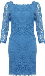 Zarita Lace Dress - style: shift; length: mid thigh; neckline: slash/boat neckline; fit: tailored/fitted; pattern: plain; predominant colour: diva blue; occasions: evening, occasion; back detail: embellishment at back; sleeve length: 3/4 length; sleeve style: standard; texture group: lace; pattern type: fabric; fibres: viscose/rayon - mix
