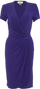 V Neck Dress - style: faux wrap/wrap; neckline: low v-neck; pattern: plain; waist detail: fitted waist; predominant colour: royal blue; occasions: evening, work, occasion; length: just above the knee; fit: body skimming; fibres: viscose/rayon - 100%; hip detail: ruching/gathering at hip; sleeve length: short sleeve; sleeve style: standard; trends: glamorous day shifts; bust detail: tiers/frills/bulky drapes/pleats; pattern type: fabric; texture group: jersey - stretchy/drapey