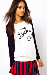 Lucky U Jumper - neckline: round neck; sleeve style: raglan; bust detail: added detail/embellishment at bust; style: standard; shoulder detail: contrast pattern/fabric at shoulder; predominant colour: white; secondary colour: black; occasions: casual; length: standard; fibres: acrylic - 100%; fit: standard fit; sleeve length: long sleeve; texture group: knits/crochet; pattern type: knitted - fine stitch; pattern size: standard; pattern: colourblock; embellishment: beading