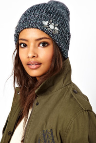 Mixed Knit Boyfriend Beanie With Embellished Turn Up - predominant colour: charcoal; occasions: casual; type of pattern: standard; style: beanie; size: standard; material: knits; pattern: plain; embellishment: jewels