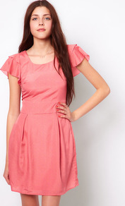 Fluted Sleeve Triangle Print Tea Dress - style: shift; length: mid thigh; neckline: round neck; sleeve style: angel/waterfall; fit: tailored/fitted; predominant colour: coral; secondary colour: nude; occasions: evening; fibres: polyester/polyamide - 100%; hip detail: structured pleats at hip; sleeve length: short sleeve; texture group: silky - light; pattern type: fabric; pattern size: light/subtle; pattern: patterned/print