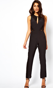 Jumpsuit With Lace Inserts - neckline: round neck; fit: tailored/fitted; pattern: plain; sleeve style: sleeveless; predominant colour: black; occasions: evening; length: ankle length; fibres: polyester/polyamide - mix; texture group: crepes; style: jumpsuit; pattern type: fabric