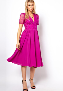 Midi Dress With Embroidered Lace Top - length: below the knee; neckline: low v-neck; pattern: plain; style: prom dress; predominant colour: hot pink; occasions: evening, occasion; fit: fitted at waist & bust; fibres: nylon - mix; back detail: sheer fabric at back; sleeve length: short sleeve; sleeve style: standard; texture group: lace; trends: volume; pattern type: fabric; embellishment: embroidered