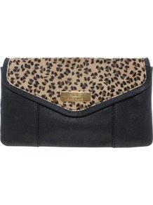 Leopard Ponyskin Leather Clutch - secondary colour: silver; predominant colour: black; occasions: casual, evening, occasion; type of pattern: light; style: clutch; length: hand carry; size: standard; material: faux leather; pattern: animal print; finish: plain