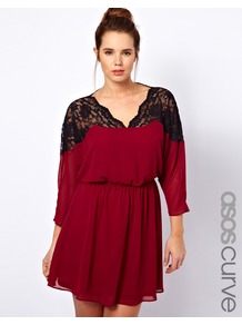 Curve Skater Dress With Lace Top And Scallop Neck - length: mid thigh; neckline: low v-neck; fit: fitted at waist; pattern: plain; bust detail: sheer at bust; waist detail: fitted waist; shoulder detail: contrast pattern/fabric at shoulder; predominant colour: burgundy; secondary colour: burgundy; occasions: evening, holiday; style: fit & flare; fibres: polyester/polyamide - 100%; sleeve length: 3/4 length; sleeve style: standard; texture group: crepes; pattern type: fabric; pattern size: light/subtle; embellishment: lace