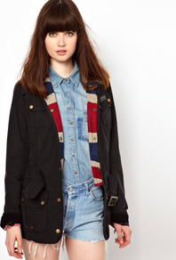 Vintage International Jacket With Union Jack Lining - pattern: plain; length: below the bottom; fit: loose; style: parka; hip detail: front pockets at hip; predominant colour: black; occasions: casual; fibres: cotton - 100%; collar: shirt collar/peter pan/zip with opening; waist detail: belted waist/tie at waist/drawstring; sleeve length: long sleeve; sleeve style: standard; texture group: corduroy; collar break: high/illusion of break when open; pattern type: fabric
