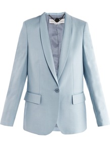 Dollis Suit Jacket - pattern: plain; style: single breasted blazer; collar: shawl/waterfall; length: below the bottom; predominant colour: pale blue; occasions: casual, evening, occasion; fit: tailored/fitted; fibres: viscose/rayon - 100%; back detail: back vent/flap at back; sleeve length: long sleeve; sleeve style: standard; collar break: low/open; pattern type: fabric; texture group: woven light midweight