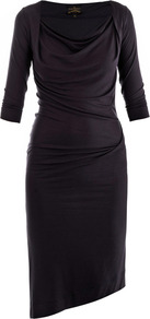 Dahlia Draped Jersey Dress - neckline: cowl/draped neck; pattern: plain; hip detail: fitted at hip; predominant colour: navy; occasions: evening; length: just above the knee; fit: body skimming; style: asymmetric (hem); fibres: viscose/rayon - stretch; sleeve length: 3/4 length; sleeve style: standard; pattern type: fabric; texture group: jersey - stretchy/drapey