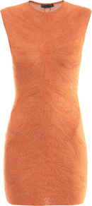 Dragonfly Jacquard Knitted Dress - length: mini; sleeve style: capped; fit: tight; pattern: plain; style: bodycon; predominant colour: coral; occasions: evening, occasion; fibres: silk - mix; neckline: crew; sleeve length: short sleeve; pattern type: fabric; texture group: brocade/jacquard