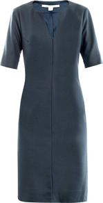 Aurora Dress - style: shift; neckline: v-neck; fit: tailored/fitted; pattern: plain; predominant colour: navy; occasions: casual, evening, work; length: on the knee; fibres: wool - mix; sleeve length: short sleeve; sleeve style: standard; pattern type: fabric; texture group: jersey - stretchy/drapey