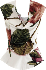 Amaryllis Rose Puzzle Print Top - neckline: cowl/draped neck; sleeve style: capped; back detail: cowl/draping/scoop at back; waist detail: peplum waist detail; bust detail: ruching/gathering/draping/layers/pintuck pleats at bust; occasions: evening, occasion; length: standard; style: top; fibres: cotton - 100%; fit: tailored/fitted; predominant colour: multicoloured; sleeve length: sleeveless; texture group: cotton feel fabrics; trends: high impact florals; pattern type: fabric; pattern size: standard; pattern: florals