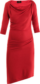 Dahlia Draped Jersey Dress - neckline: cowl/draped neck; pattern: plain; predominant colour: true red; occasions: evening; length: just above the knee; fit: body skimming; style: asymmetric (hem); fibres: viscose/rayon - stretch; sleeve length: 3/4 length; sleeve style: standard; pattern type: fabric; texture group: jersey - stretchy/drapey