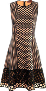 Traforato Patch Tri Knit Dress - neckline: round neck; sleeve style: sleeveless; waist detail: fitted waist; predominant colour: stone; secondary colour: black; occasions: evening, occasion; length: just above the knee; fit: fitted at waist & bust; style: fit & flare; fibres: cotton - stretch; sleeve length: sleeveless; trends: modern geometrics; pattern type: fabric; pattern size: small & busy; pattern: patterned/print; texture group: jersey - stretchy/drapey