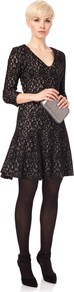 Lucille Lace Dress - length: mid thigh; neckline: v-neck; secondary colour: ivory; predominant colour: black; occasions: evening, occasion; fit: fitted at waist & bust; style: fit & flare; fibres: viscose/rayon - stretch; sleeve length: 3/4 length; sleeve style: standard; texture group: lace; trends: volume; pattern type: fabric; pattern size: standard; pattern: florals
