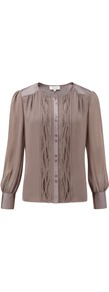 Pebble Detail Front Blouse - neckline: round neck; sleeve style: bell sleeve; pattern: plain; style: blouse; bust detail: ruching/gathering/draping/layers/pintuck pleats at bust; predominant colour: taupe; occasions: casual; length: standard; fibres: polyester/polyamide - 100%; fit: straight cut; shoulder detail: added shoulder detail; sleeve length: long sleeve; texture group: silky - light; pattern type: fabric