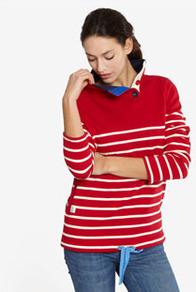 New Harkaway Womens Striped Sweatshirt Redbus - pattern: horizontal stripes; neckline: wide roll/funnel neck; length: below the bottom; style: sweat top; secondary colour: white; predominant colour: true red; occasions: casual; fibres: cotton - mix; fit: body skimming; sleeve length: long sleeve; sleeve style: standard; pattern type: fabric; pattern size: standard; texture group: jersey - stretchy/drapey