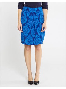 Elissa Womens Crepe Skirt Dianadm - style: tulip; fit: tailored/fitted; waist: high rise; secondary colour: royal blue; predominant colour: diva blue; occasions: casual, evening, work; length: on the knee; fibres: viscose/rayon - 100%; hip detail: soft pleats at hip/draping at hip/flared at hip; texture group: crepes; pattern type: fabric; pattern size: standard; pattern: patterned/print