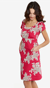 Macee Womens Dress Pnkbouq - style: shift; neckline: round neck; fit: empire; predominant colour: hot pink; secondary colour: light grey; occasions: casual, work, holiday; length: on the knee; fibres: cotton - 100%; sleeve length: short sleeve; sleeve style: standard; texture group: cotton feel fabrics; trends: high impact florals, glamorous day shifts; pattern type: fabric; pattern size: big & busy; pattern: florals