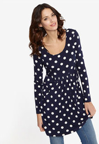 Alexi Womens Jersey Long Sleeve Top Navspot - style: tunic; hip detail: front pockets at hip; pattern: polka dot; waist detail: twist front waist detail/nipped in at waist on one side/soft pleats/draping/ruching/gathering waist detail; secondary colour: white; predominant colour: navy; occasions: casual; neckline: scoop; fibres: viscose/rayon - stretch; fit: empire; length: mid thigh; sleeve length: long sleeve; sleeve style: standard; pattern type: fabric; pattern size: standard; texture group: jersey - stretchy/drapey