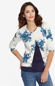 Edana Womens Printed Cardigan Crmbouq - neckline: round neck; predominant colour: white; secondary colour: diva blue; occasions: casual, work, holiday; length: standard; style: standard; fibres: cotton - mix; fit: standard fit; sleeve length: 3/4 length; sleeve style: standard; texture group: knits/crochet; pattern type: knitted - fine stitch; pattern size: big & busy; pattern: florals