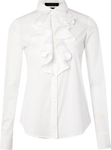 Long Sleeved Ruffle Neck Shirt, White - neckline: shirt collar/peter pan/zip with opening; pattern: plain; style: shirt; predominant colour: white; occasions: evening, work; length: standard; fibres: cotton - stretch; fit: tailored/fitted; sleeve length: long sleeve; sleeve style: standard; texture group: cotton feel fabrics; trends: tuxedo; bust detail: tiers/frills/bulky drapes/pleats; pattern type: fabric