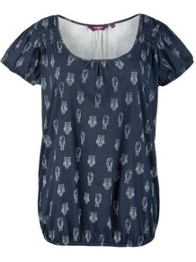 Inspire Navy Owl Print Gypsy Top - waist detail: elasticated waist; style: t-shirt; secondary colour: white; predominant colour: navy; occasions: casual; length: standard; neckline: scoop; fibres: cotton - 100%; fit: loose; sleeve length: short sleeve; sleeve style: standard; pattern type: fabric; pattern size: light/subtle; pattern: patterned/print; texture group: jersey - stretchy/drapey