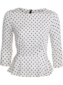 White Polka Dot Peplum Top - pattern: polka dot; waist detail: peplum waist detail; predominant colour: white; secondary colour: black; occasions: casual, evening, work; length: standard; style: top; fibres: polyester/polyamide - stretch; fit: tailored/fitted; neckline: crew; sleeve length: 3/4 length; sleeve style: standard; pattern type: fabric; pattern size: standard; texture group: jersey - stretchy/drapey