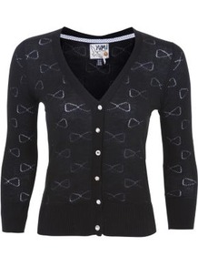 Black Bow Knitted Cardigan - neckline: v-neck; predominant colour: black; occasions: casual; length: standard; style: standard; fit: slim fit; sleeve length: 3/4 length; sleeve style: standard; texture group: knits/crochet; pattern type: knitted - fine stitch; pattern size: standard; pattern: patterned/print; fibres: viscose/rayon - mix