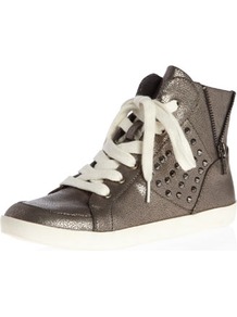 Pewter Metallic Stud Hi Tops - secondary colour: white; predominant colour: bronze; occasions: casual; material: faux leather; heel height: flat; embellishment: studs; toe: round toe; style: trainers; trends: metallics; finish: metallic; pattern: plain