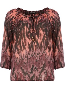 Multi Feather Print Smock Top - bust detail: added detail/embellishment at bust; occasions: casual, holiday; length: standard; style: top; neckline: scoop; fibres: polyester/polyamide - 100%; fit: straight cut; predominant colour: multicoloured; sleeve length: 3/4 length; sleeve style: standard; pattern type: fabric; pattern size: big & busy; pattern: patterned/print; texture group: jersey - stretchy/drapey