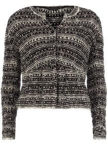 Black/White Textured Jacket - neckline: round neck; length: cropped; occasions: casual; style: standard; fibres: cotton - mix; fit: slim fit; sleeve length: long sleeve; sleeve style: standard; texture group: knits/crochet; predominant colour: monochrome; pattern type: knitted - other; pattern size: standard; pattern: patterned/print