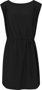 Rio Draped Shift Dress - style: shift; length: mid thigh; neckline: slash/boat neckline; sleeve style: capped; fit: fitted at waist; pattern: plain; hip detail: side pockets at hip; waist detail: belted waist/tie at waist/drawstring; predominant colour: black; occasions: casual, evening; fibres: polyester/polyamide - 100%; sleeve length: sleeveless; pattern type: fabric; texture group: other - light to midweight