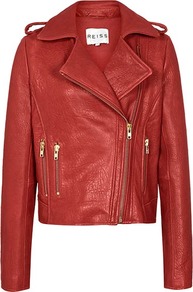 Maya Moto Jacket - pattern: plain; style: biker; shoulder detail: obvious epaulette; bust detail: added detail/embellishment at bust; collar: asymmetric biker; hip detail: front pockets at hip; predominant colour: true red; secondary colour: gold; occasions: casual, evening, work; length: standard; fit: tailored/fitted; fibres: leather - 100%; sleeve length: long sleeve; sleeve style: standard; texture group: leather; collar break: medium; pattern type: fabric; embellishment: chain/metal
