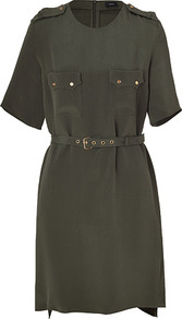 Khaki Heavy Silk Belted Monroe Dress - style: smock; neckline: round neck; pattern: plain; shoulder detail: obvious epaulette; bust detail: pocket detail at bust; waist detail: belted waist/tie at waist/drawstring; predominant colour: khaki; occasions: casual, holiday; length: just above the knee; fit: straight cut; fibres: silk - 100%; sleeve length: short sleeve; sleeve style: standard; texture group: silky - light; pattern type: fabric