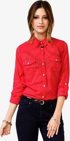 Polka Dot Snap Button Shirt - neckline: shirt collar/peter pan/zip with opening; length: below the bottom; style: shirt; pattern: polka dot; secondary colour: white; predominant colour: true red; occasions: casual; fibres: cotton - 100%; fit: body skimming; sleeve length: long sleeve; sleeve style: standard; texture group: cotton feel fabrics; pattern type: fabric; pattern size: standard