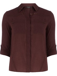 Burgundy Stud Detail Shirt - neckline: shirt collar/peter pan/zip with opening; pattern: plain; style: shirt; predominant colour: burgundy; occasions: casual, work; length: standard; fibres: cotton - 100%; fit: body skimming; sleeve length: 3/4 length; sleeve style: standard; texture group: cotton feel fabrics; pattern type: fabric; embellishment: studs