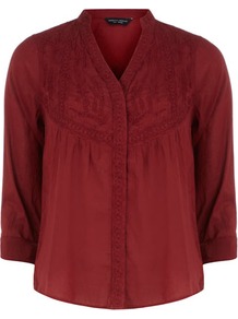 Red Embroidered Smock Top - pattern: plain; bust detail: added detail/embellishment at bust; style: shirt; predominant colour: burgundy; occasions: casual, work; length: standard; neckline: mandarin with v-neck; fibres: cotton - 100%; fit: loose; sleeve length: 3/4 length; sleeve style: standard; texture group: cotton feel fabrics; pattern type: fabric; embellishment: embroidered