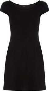 Black Petal Sleeve Dress - length: mid thigh; sleeve style: capped; pattern: plain; waist detail: fitted waist; predominant colour: black; occasions: casual, evening; fit: fitted at waist & bust; style: fit & flare; neckline: scoop; fibres: cotton - stretch; sleeve length: short sleeve; pattern type: fabric; texture group: jersey - stretchy/drapey