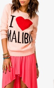 I Heart Malibu Sweater - neckline: round neck; style: standard; predominant colour: nude; secondary colour: black; occasions: casual, holiday; length: standard; fibres: acrylic - mix; fit: standard fit; sleeve length: long sleeve; sleeve style: standard; texture group: knits/crochet; pattern type: knitted - other; pattern size: big & busy; pattern: patterned/print