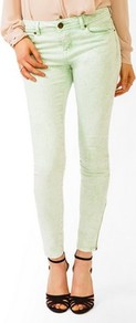Colored Acid Wash Skinny Jeans - style: skinny leg; pattern: plain; pocket detail: traditional 5 pocket; waist: mid/regular rise; predominant colour: pistachio; occasions: casual, evening, holiday; length: ankle length; fibres: cotton - stretch; texture group: denim; pattern type: fabric